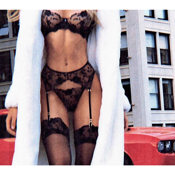 Honey Birdette WHITNEY🖤 Black Floral Lace 3 Piece Set 32DDD, S, S Thong